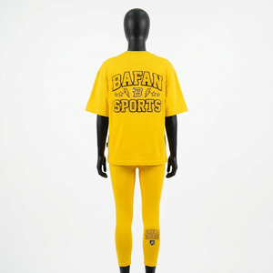 Women activewear <b>tshirt</b> leggings set 220 GSM cotton polyester fabric <b>yellow</b> solid puff print logo Women's Sets - Product Image 6