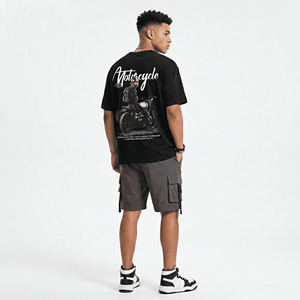 Nuova Collezione: <span class=keywords><strong>T</strong></span>-<span class=keywords><strong>Shirt</strong></span> Nera Stile Retrò con Stampa Artistica Personalizzata di Alta Qualità per Motociclisti, Design con Spalle Scese - Product Image 2