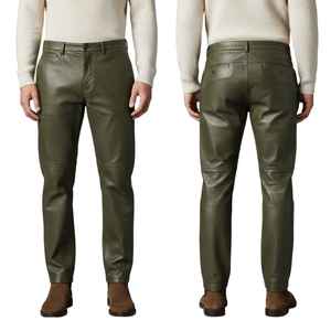Olive Green PU Coated Straight Fit Casual Trousers Mid Waist Full Length With Pockets For Adults Autumn Wear - Product Image 6