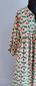Bohemian Floral Block Print Cotton Midi <b>Dress</b> With Puff Sleeve <b>Loose</b> Fit Tie Neck Summer <b>Dress</b> For Women - Product Image 4