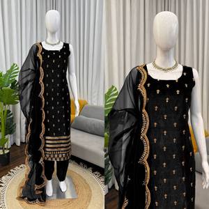 Conjunto de Salwar Kameez Negro Bordado, Reversible, Largo hasta el Tobillo, para Mujer, Traje de Fiesta o Boda con Dupatta - Product Image 5