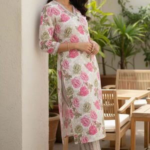 Conjunto de Pantalón y Kurta Larga de Manga Tres Cuartos con Cuello en V para Mujer, Estilo Étnico Festivo Elegante, Tela de Lona, Estilo Indio - Product Image 1