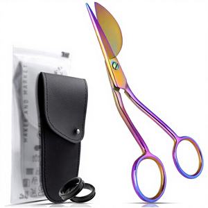 Tijeras de acero inoxidable de 5.8 pulgadas con mango curvado doble, tipo pico de pato, con aplique de color arcoíris, para coser con hilo, con estuche. - Product Image 1