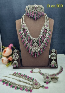 Parure de bijoux de mariée lourde en Kundan, collier double couche, boucles d'oreilles, ensemble de bague de nez Damini, bijoux fins pour mariage indien, fabricants - Product Image 6