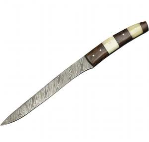 Cuchillo de trinchar estrecho de acero de Damasco hecho a mano con mango segmentado de madera y hueso, herramienta para procesamiento en campo - Product Image 1