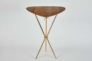 Creative Design Midcentury modern brass and oak <b>side</b> <b>table</b> luxury tripod accent <b>table</b> handmade wooden top designer end <b>table</b> - Product Image 2