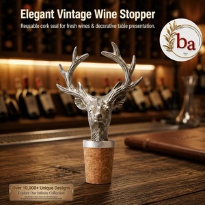 Bouchon de bouteille de vin en métal argenté antique vintage en forme de tête de cerf avec base en liège, écologique, anti-humidité et anti-déversement - Product Image 1