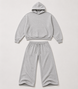 Oferta caliente: Conjuntos de sudaderas con capucha lisas de felpa francesa gris de 450 GSM, personalizables, de talla grande, al por mayor para hombre, con pantalones de chándal de ajuste holgado. - Product Image 3