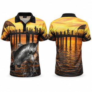 Camisa Polo de Pesca para Hombre con Estampado de Peces y Diseño de Atardecer en Muelle, Secado Rápido, UPF 50, Ropa para Exteriores - Product Image 1