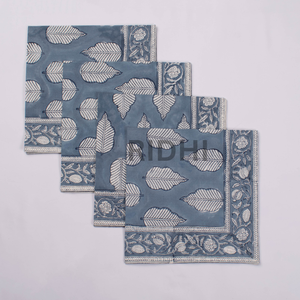 Serviettes en coton imprimées à la main motif feuilles bleues, réutilisables, pour dîner, mariage, hôtel et restaurant, vente en gros - Product Image 3