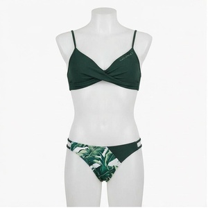 Ensemble de bikini imprimé tropical vert pour femme, haut croisé à nouer, bas échancré, en spandex et polyester, maillot de bain - Product Image 1
