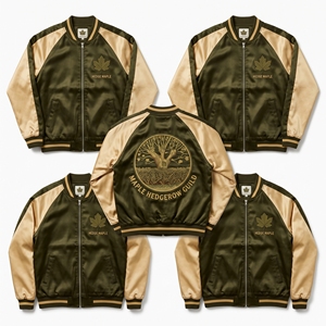 Chaqueta Bomber de Satén al por Mayor con Cremallera y Mangas Raglán, en Colores Marrón, Crema y Roble, con Bordado Coleccionista 'Canopy Collective Forest Back', Prenda Exterior Estilo Universitario - Product Image 3