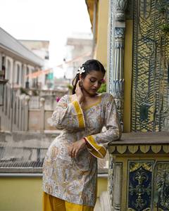Traditional Indian Pakistani <b>Women</b> Cotton Printed <b>Kurta</b> With Yellow Palazzo <b>For</b> Casual Wear All Seasons Regular Fit - Product Image 2