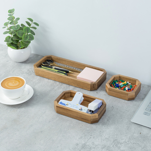 MyGift Rustic Acacia Wood 3-Piece Octagonal <b>Desk</b> Organizer Tray Set - Top Seller Office <b>Accessory</b> - Product Image 6