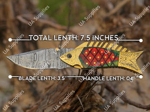 Cuchillo de bolsillo plegable multiusos de acero de Damasco grabado con mango de latón y madera, estilo pez, con funda, para exteriores, EDC, cuchillos utilitarios OEM - Product Image 6