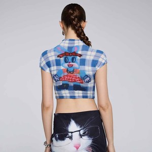 Women's Blue Plaid Cartoon Print Crop <b>Top</b> <b>Cap</b> <b>Sleeve</b> Turtleneck Knitted Spring Summer Slim Fit Spandex Polyester - Product Image 6