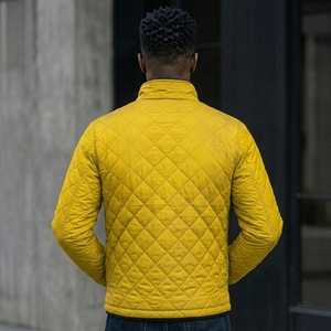 Men's Yellow Quilted <b>Jacket</b> Stand Collar Zipper Closure Casual Autumn Wear Windproof Polyester Wadding Slim Fit - Product Image 3