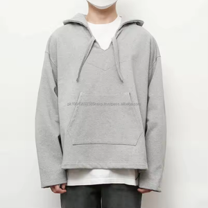 Sweat-shirt à capuche oversize en coton lourd, col en V, court, vintage, pour hommes - Product Image 2