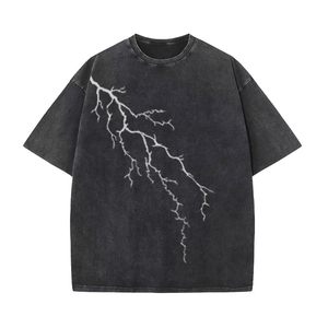 Camiseta de Mezclilla Oversize para Hombre, Manga Corta, Estampado de Rayos, Cuello Redondo, Estilo Urbano, 100% Algodón, Tela Lavada - Product Image 1