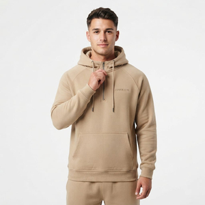 Sweat à capuche pour homme tendance, de haute qualité, écologique, avec logo personnalisé, demi-zip, avec poches kangourou, couleur beige unie - Product Image 3