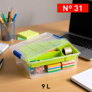 Scatola portaoggetti in plastica da 9 litri con coperchio e divisori per l'organizzazione di forniture per ufficio - Product Image 3