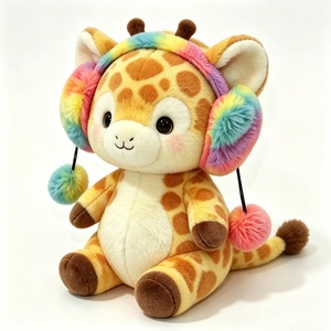 Jirafa de peluche personalizada con cara redonda, jirafa con vientre blanco, jirafa de peluche con orejeras de arcoíris pastel, jirafa de peluche con mejillas rosadas - Product Image 1