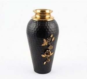 Luxury matte black floor <b>vase</b> <b>small</b> with hammered gold rim and intricate floral vine detailing. Premium home decor centerpiece - Product Image 3