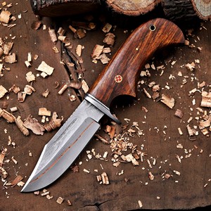 Cuchillo de caza nórdico forjado a mano de cobre y damasco, hecho a medida, hoja fija con punta de clip, mango de palisandro, funda, cuchillo de 10 pulgadas - Product Image 2