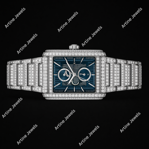 Montre de luxe pour homme, mouvement à quartz, acier inoxydable, cadran bleu, pavé de diamants, rectangulaire, fermoir caché, 41 mm, résistante à l'eau 3 BAR - Product Image 2