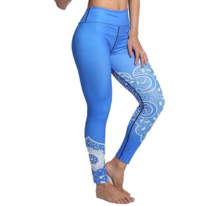 High Waist Blue Paisley Print Full Length <b>Leggings</b> <b>With</b> <b>Pockets</b> Stretch Knitted Spandex Polyester Sporty Women's - Product Image 1
