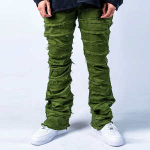 Jeans déchirés vert pour homme - Coupe slim, design patchwork, streetwear tendance, pantalon en denim décontracté - Product Image 1