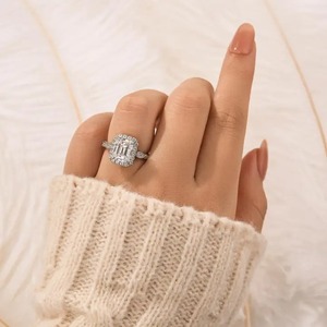 925 Moissanite Luxury Halo Emerald Cut <b>Simulated</b> <b>Diamond</b> Engagement Ring in White Gold Plated Moissanite Ring for Wholesale. - Product Image 4