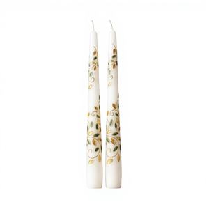 Bougie décorative blanche conique avec motif feuille dorée et verte, décoration moderne et colorée pour la maison (lot de 4) - Product Image 1