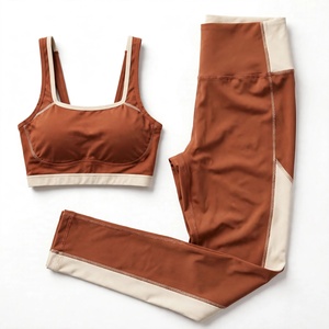 Ensemble de yoga 2 pièces pour femme : Soutien-gorge de sport dos nageur à col carré et Legging taille haute longueur intégrale, sans couture, avec blocs de couleur et bordures contrastées - Product Image 3