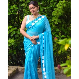 FANCY GEORGETTE HERMOSO LACE TRABAJO SAREE CON BLUSA DESCOSADA SKY - Product Image 2