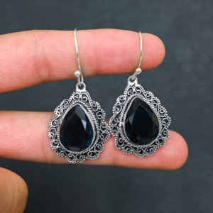 Pendientes Personalizados de Plata de Ley 925 con Ónix Negro Creado en Laboratorio, 1.9 Pulgadas, Joyería de Piedras Preciosas Hecha a Mano, Pendientes Finos Antiguos, Regalo para Mujer - Product Image 4