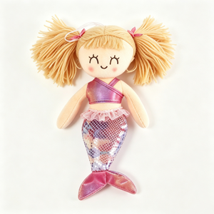 Muñeca de peluche de sirena rosa personalizada, muñeca de peluche de sirena con doble coleta de hilo rubio, muñeca de trapo de sirena sonriente con ojos cerrados - Product Image 5