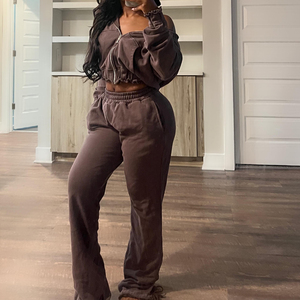 Custom Womens Vintage Acid Wash Tracksuit <b>Cropped</b> <b>Zip</b> Hoodie and Flare Pants Two Piece Set - Product Image 3