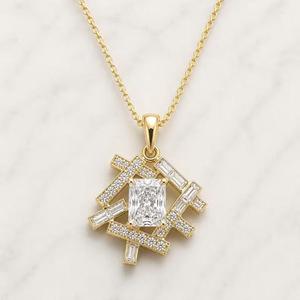 Radiant Cut Diamond Geometric <b>Pendant</b> with Round & Emerald Cut Bar Accents <b>Solid</b> <b>Gold</b> Modern Statement Necklace Gift For Her - Product Image 2