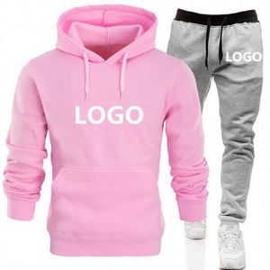 He She Wears Pink Hooded Sweatshirt Set Gray Joggers Full Sleeve Casual <b>Tracksuit</b> Unisex Adults Autumn Wear Breathable 100% - Product Image 1