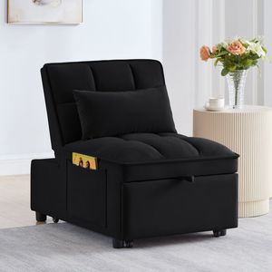 4-in-1 Multi-Function Convertible Black Chaise Lounge Tufted <b>Single</b> <b>Pull</b>-<b>Out</b> Sofa <b>Bed</b> with Adjustable Backrest & Storage Pockets - Product Image 2