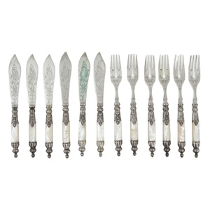 Wholesale Antique German Silver Fish Cutlery Set With Engraved Blades And Mother Of Pearl <b>Handles</b> Vintage Collectible Flatware - Product Image 1