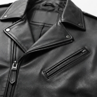 Veste de moto en cuir véritable pour homme, col rabattu, fermeture éclair, coupe ajustée, longueur normale, couleur noire unie