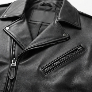 Men's Genuine Leather Moto <b>Jacket</b> Turn-down Collar Zipper Closure Slim Fit Regular Length Solid Black Motorcycle <b>Jacket</b> - Product Image 5