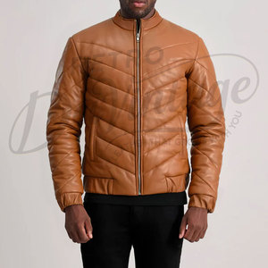 Chaqueta de cuero acolchada para hombre, color marrón, con diseño en V, estilo chevron, cuello alto, cálida, acolchada, corte ajustado, estilo motero. - Product Image 3
