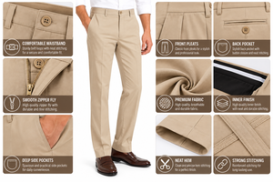 Men's Khaki Straight Fit Casual <b>Dress</b> Pants Side Pockets Anti-Wrinkle Canvas Fabric Midweight <b>Zipper</b> Fly Flat Style - Product Image 5