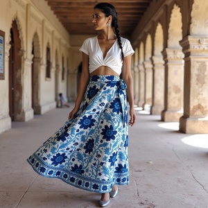กระโปรงแนวโบฮีเมียนสำหรับผู้หญิงกระโปรงผ้าฝ้ายระบายอากาศได้ดีสวมใส่สบายพิมพ์ลายดอกไม้ขอบสีฟ้าดำ - Product Image 1