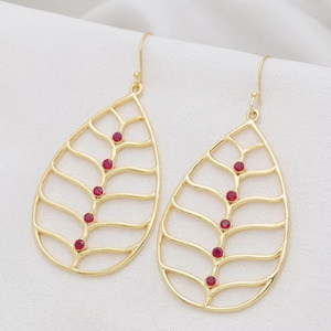 Big Teardrop Feather Style Gold Plated Brass Ruby <b>Earrings</b>, Pink gemstone statement pair for girlfriend gift - Product Image 2