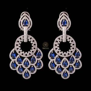 Nihara Fine Dangle Earrings Peacock Feather Design Sapphire Blue - Product Image 5
