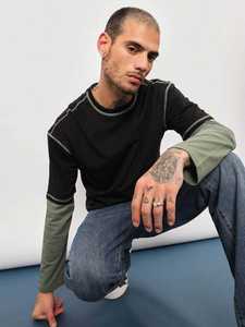 Camiseta de Manga Corta para Hombre, Corte Holgado, Detalle de Costura en Contraste, Color Sólido, Suave, Transpirable, Estilo Casual, para Uso Diario - Product Image 3